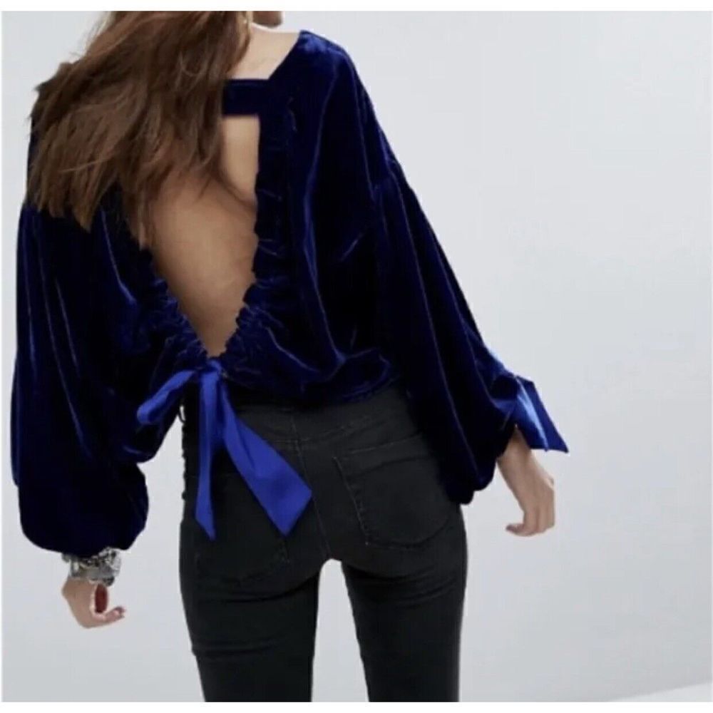Free People Give Me Some Lovin Velvet Top Blouse Shirt Boho Size XS Holiday Blue
